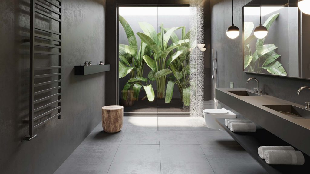 Donkere badkamer met planten